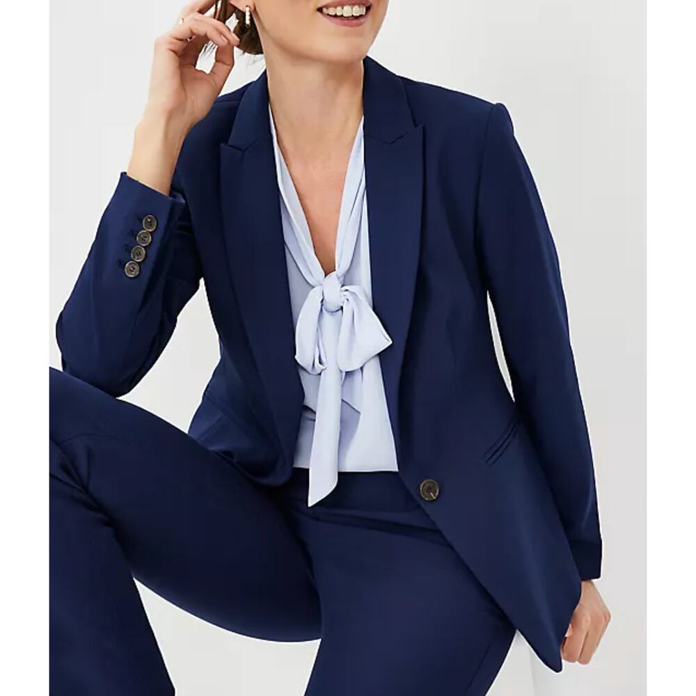 NEW ANN TAYLOR PURE SAPPHIRE BLUE LONG ONE BUTTON BI-STRETCH BLAZER JACKET SZ 4 - Picture 2 of 6